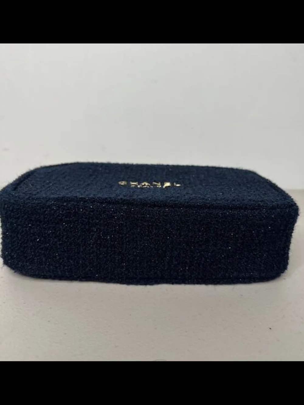 CHANEL Beauty Navy Tweed Mini Cosmetic Case with Gold Logo